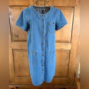 VINTAGE 90s Classic Blue Jean Denim Button Front Short Sleeve Dress